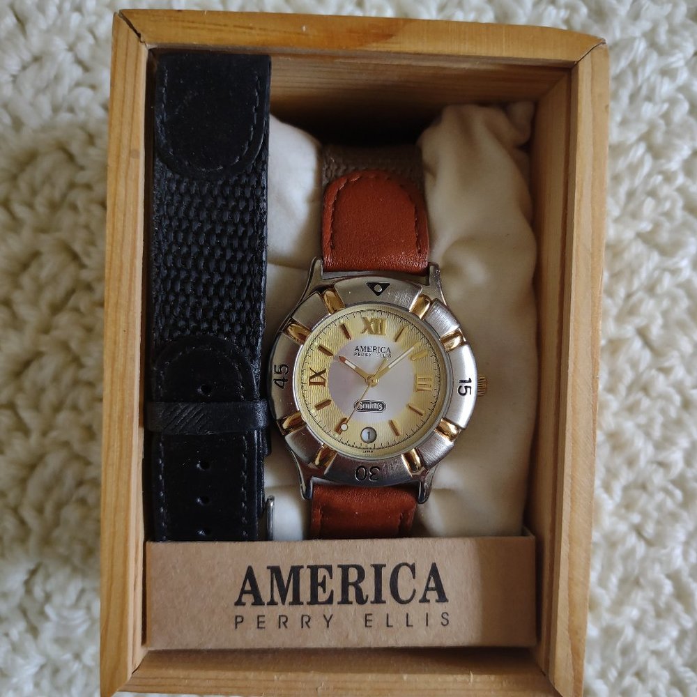Vintage~Perry Ellis America WATCH~SMITH'S Food & Drug Grocery Store~Wood Box